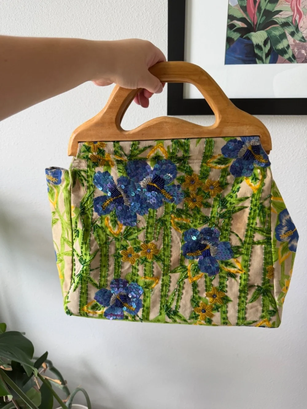 Vintage Mystique Beaded Floral Wood Handle Summer Bag Art to Wear ONE OF A KIND